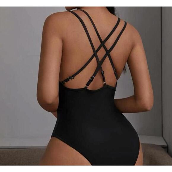 SHEIN Black Criss Cross Plunge V Neck One Piece Swimsuit Women Sz L - Picture 2 of 5